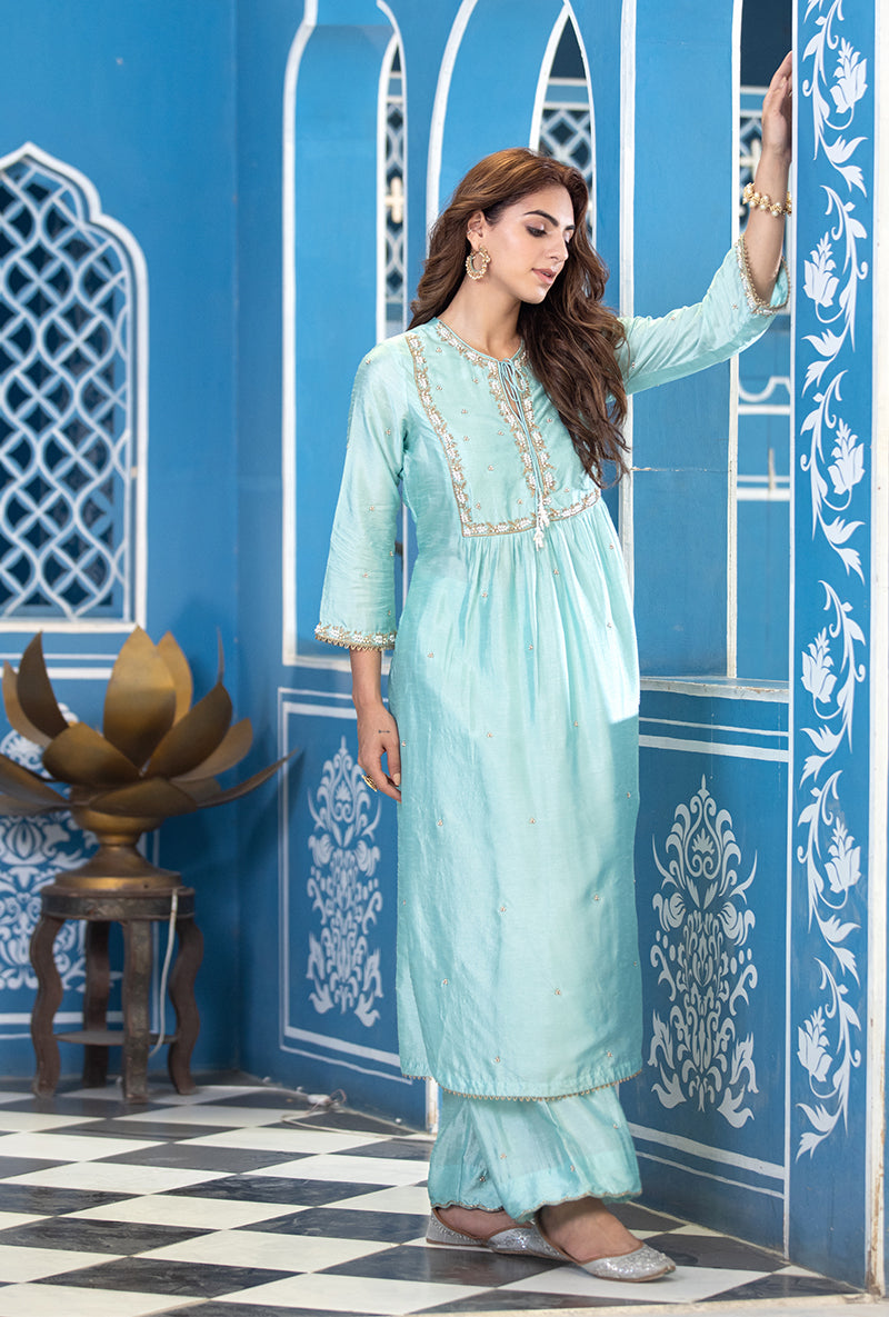 Blue Front Pleat Ameera Kurta Set