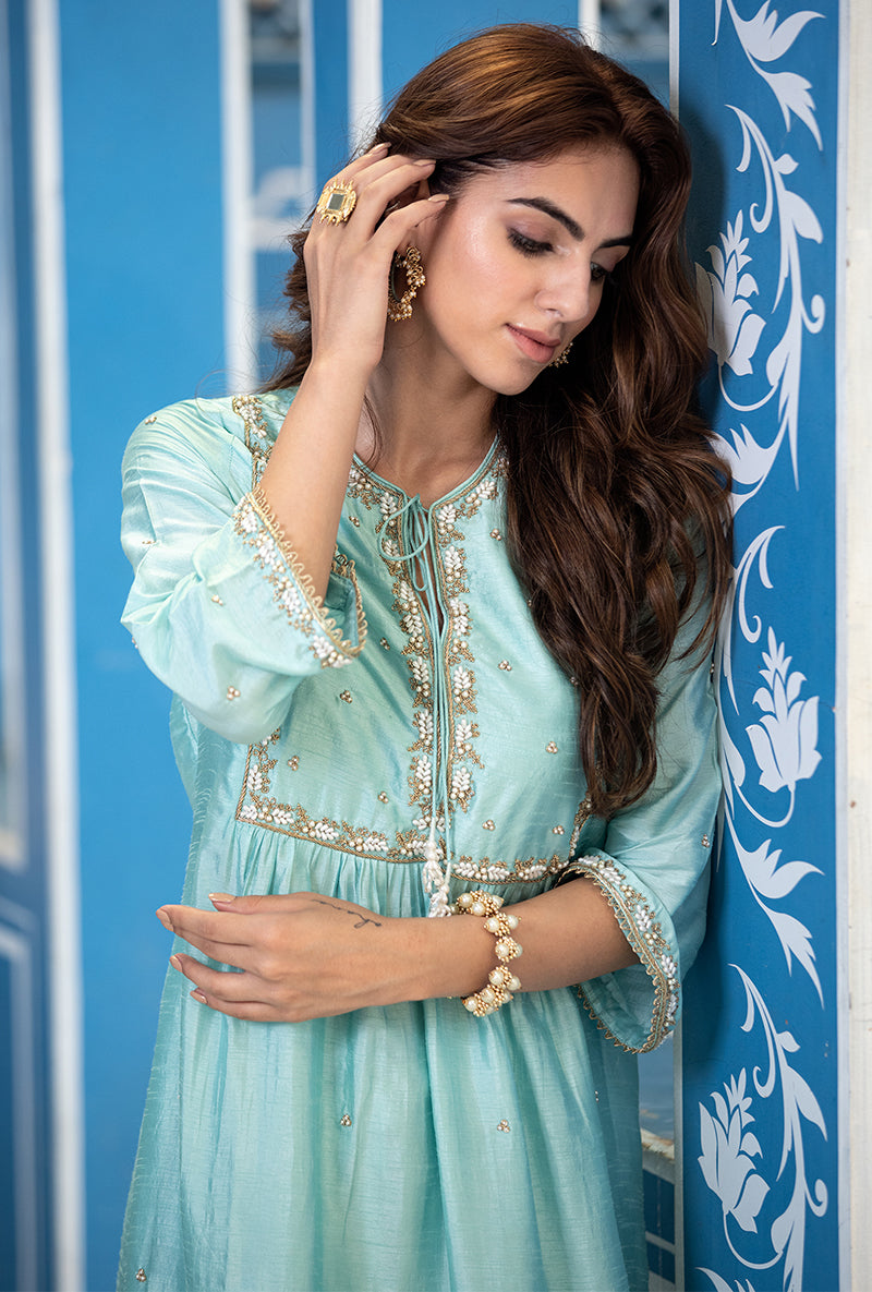 Blue Front Pleat Ameera Kurta Set