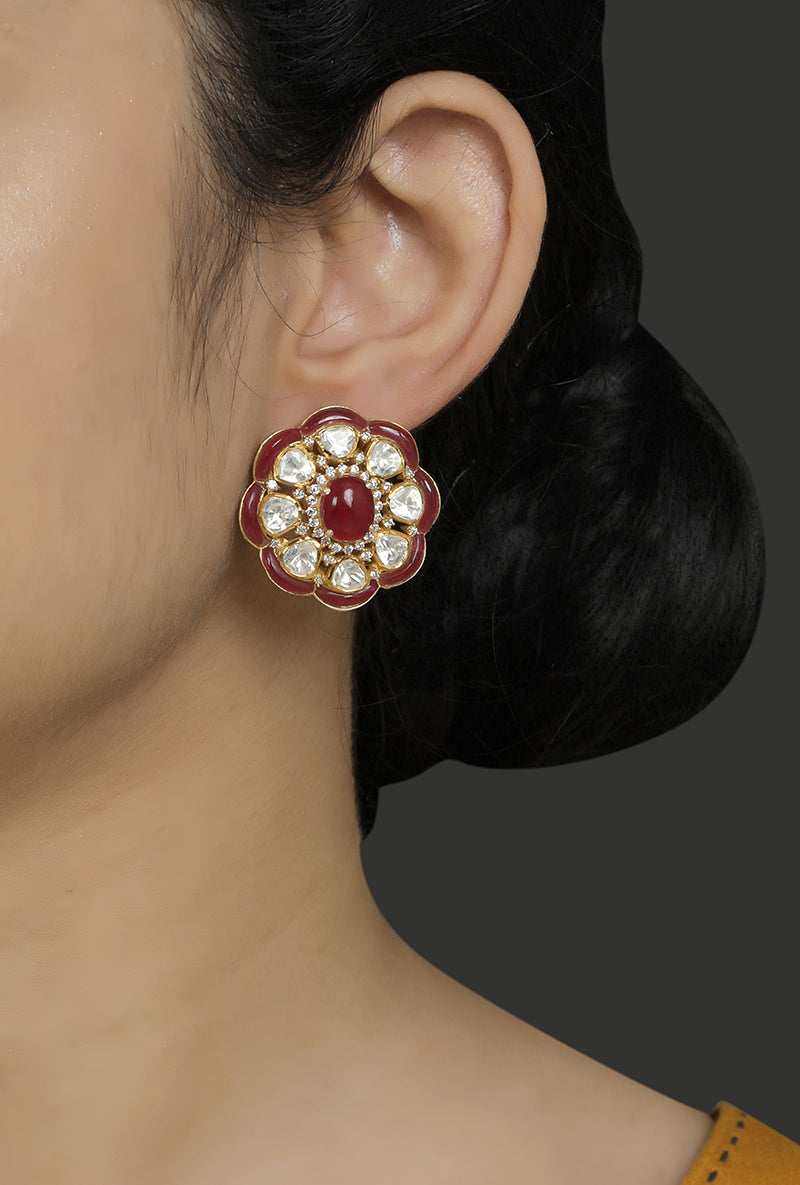 Gold Plated Silver Ear Studs With Polki & Red Stone