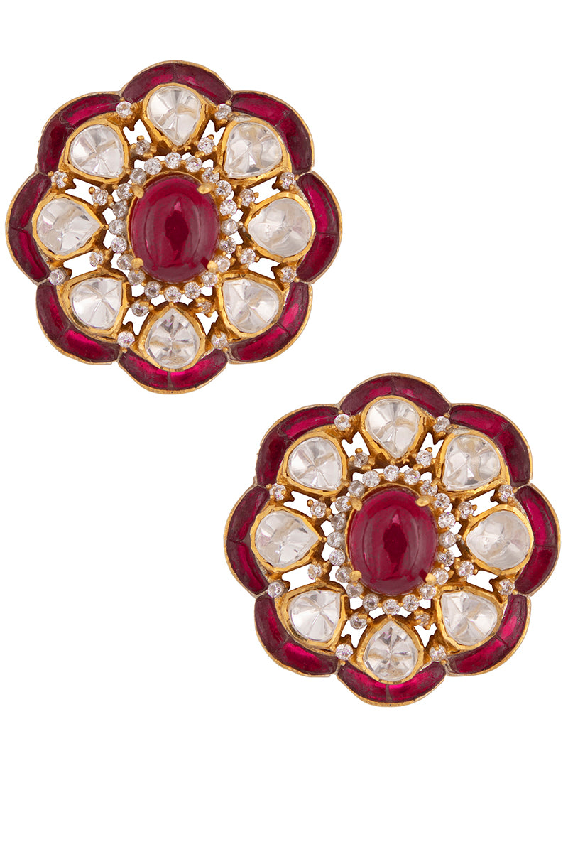 Gold Plated Silver Ear Studs With Polki & Red Stone