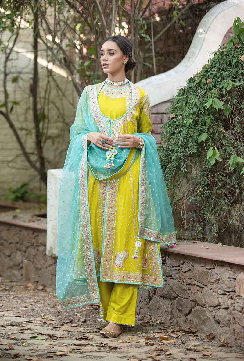 Lime Green Angrakha Hasrat Kurta Set