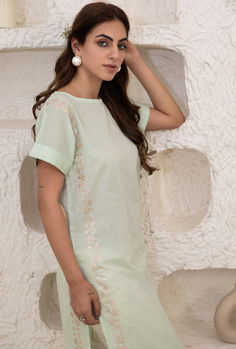 Mint Green Straight Kaftan Cut Tahira Kurta Set