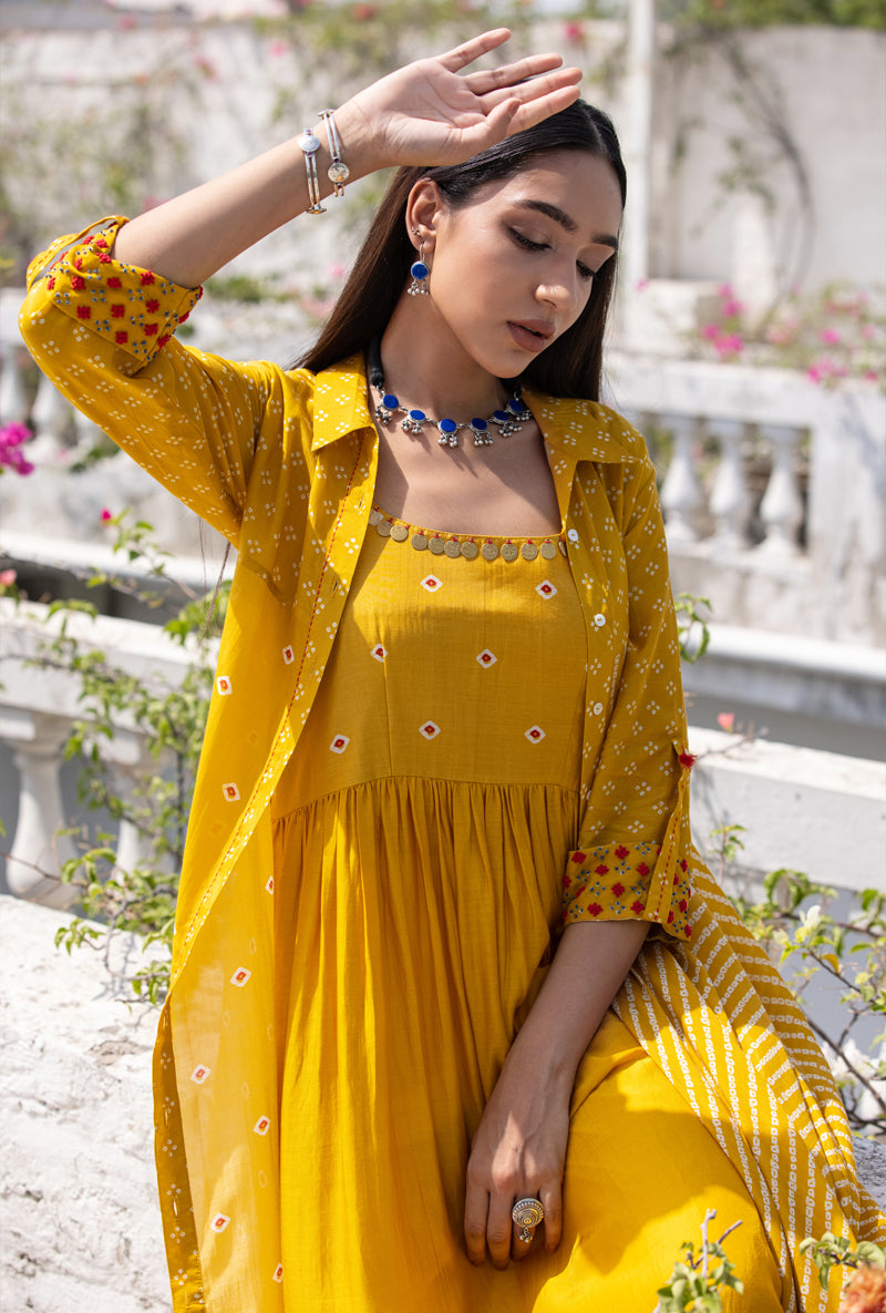 Buy Onaya Yellow Pleated A-line Gown With Jacket Online | Aza Fashions