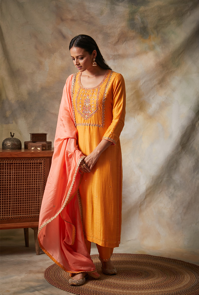 Orange Square Yoke Mahi Kurta Set