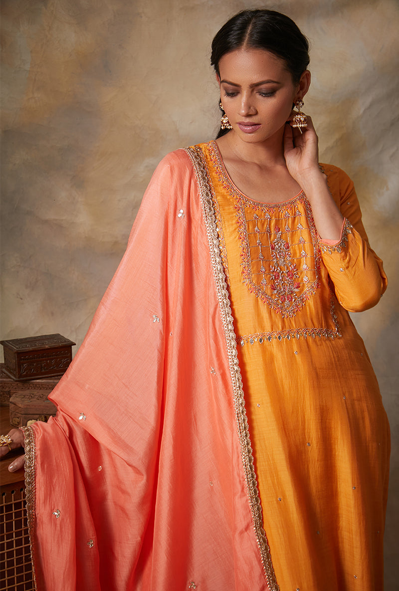 Orange Square Yoke Mahi Kurta Set