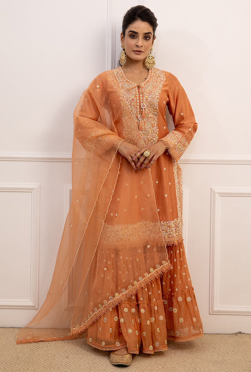 Peach Dori Paisley Aafreen Gharara Set