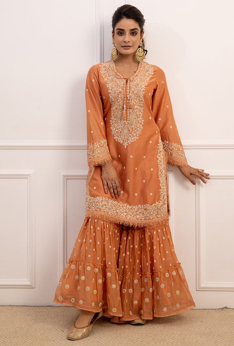 Peach Dori Paisley Aafreen Gharara Set