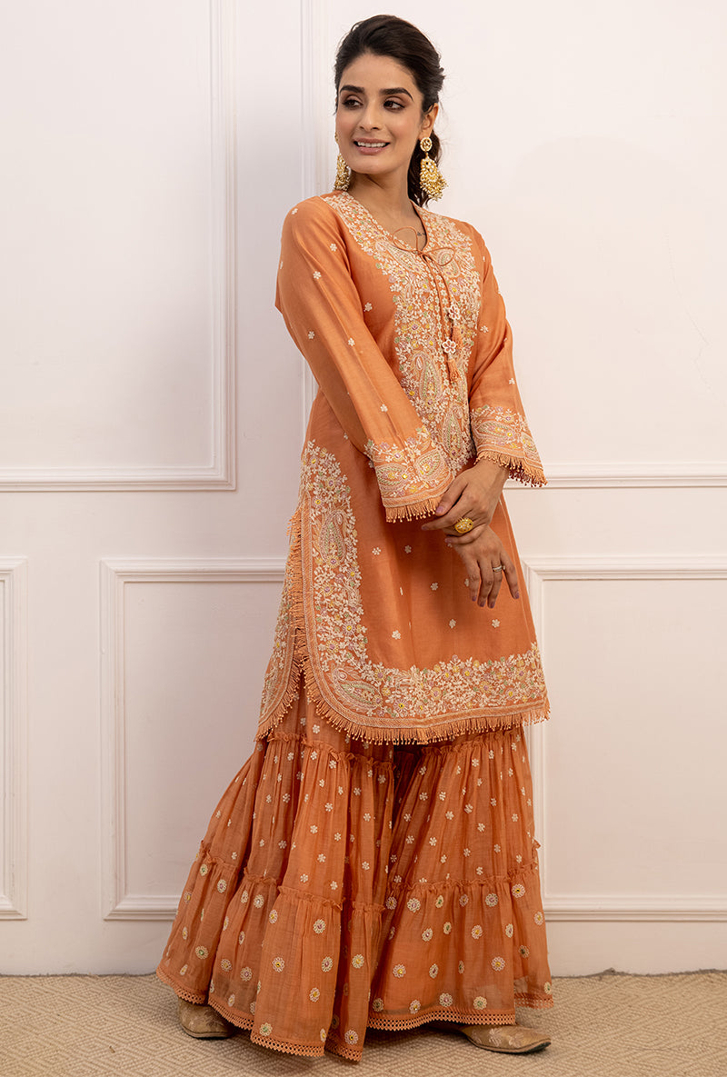 Peach Dori Paisley Aafreen Gharara Set