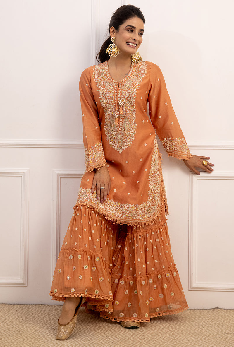 Peach Dori Paisley Aafreen Gharara Set
