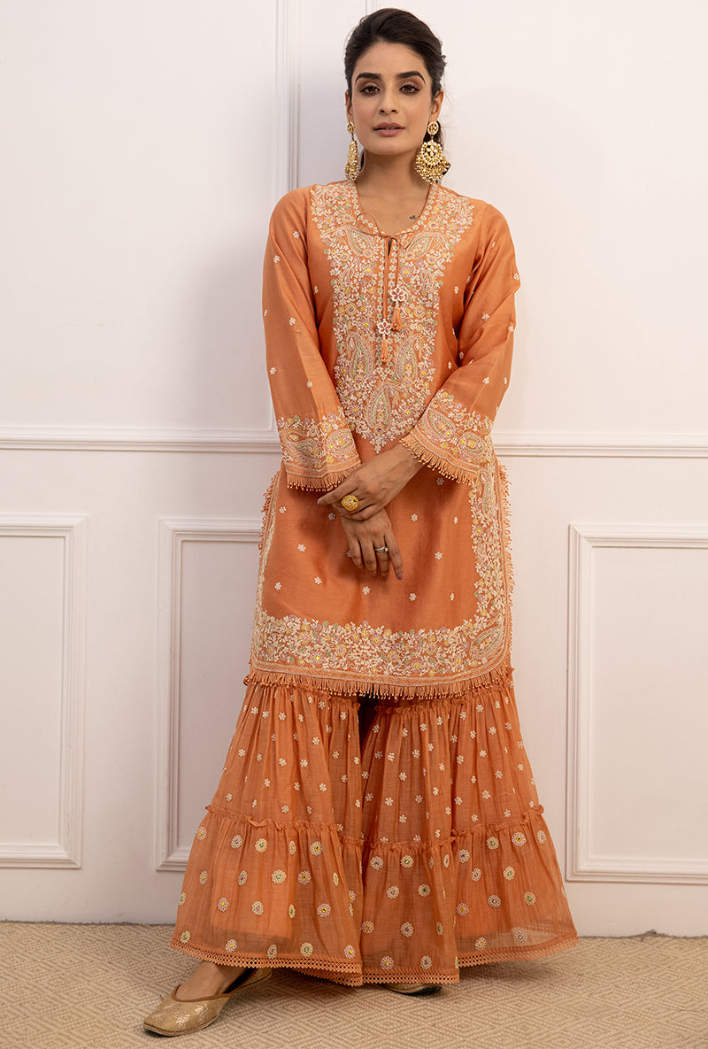 Peach Dori Paisley Aafreen Gharara Set