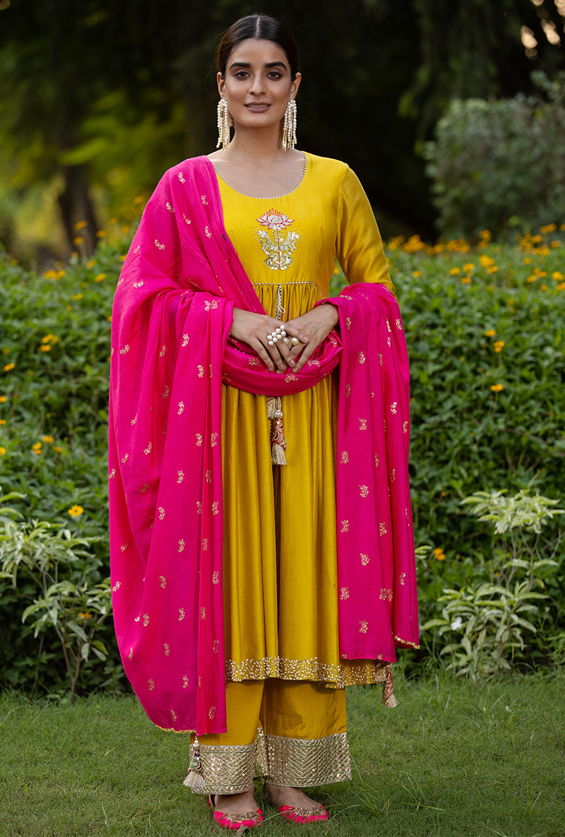 Yellow Front Open Motif Kurta Set