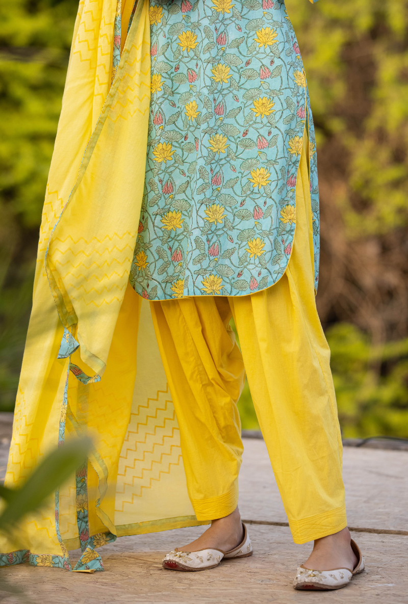 Aqua/Yellow Pankhuri Salwar Kurta Set