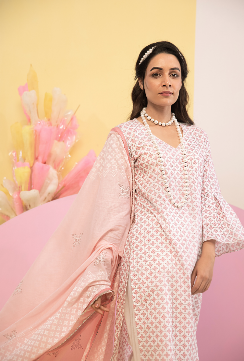 Pink Cotton Candy Frill Sleeve Kurta Set