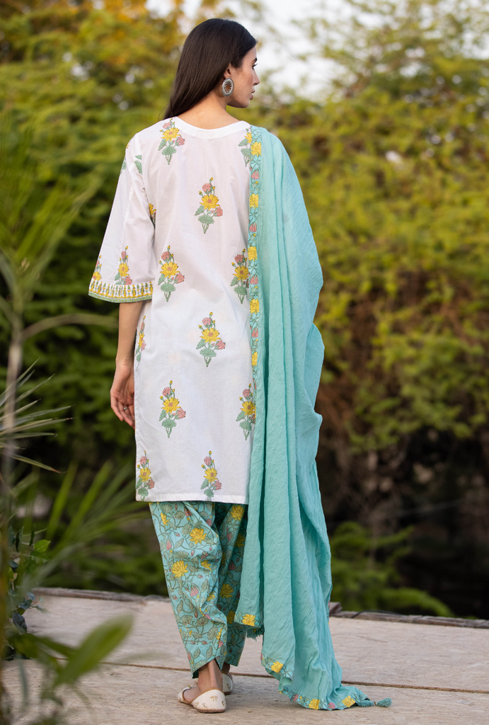 Ivory/Aqua Pankhuri Salwar Kurta Set