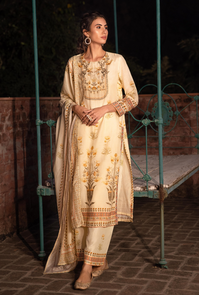 Cream Leaf Yoke Malang Kurta Set