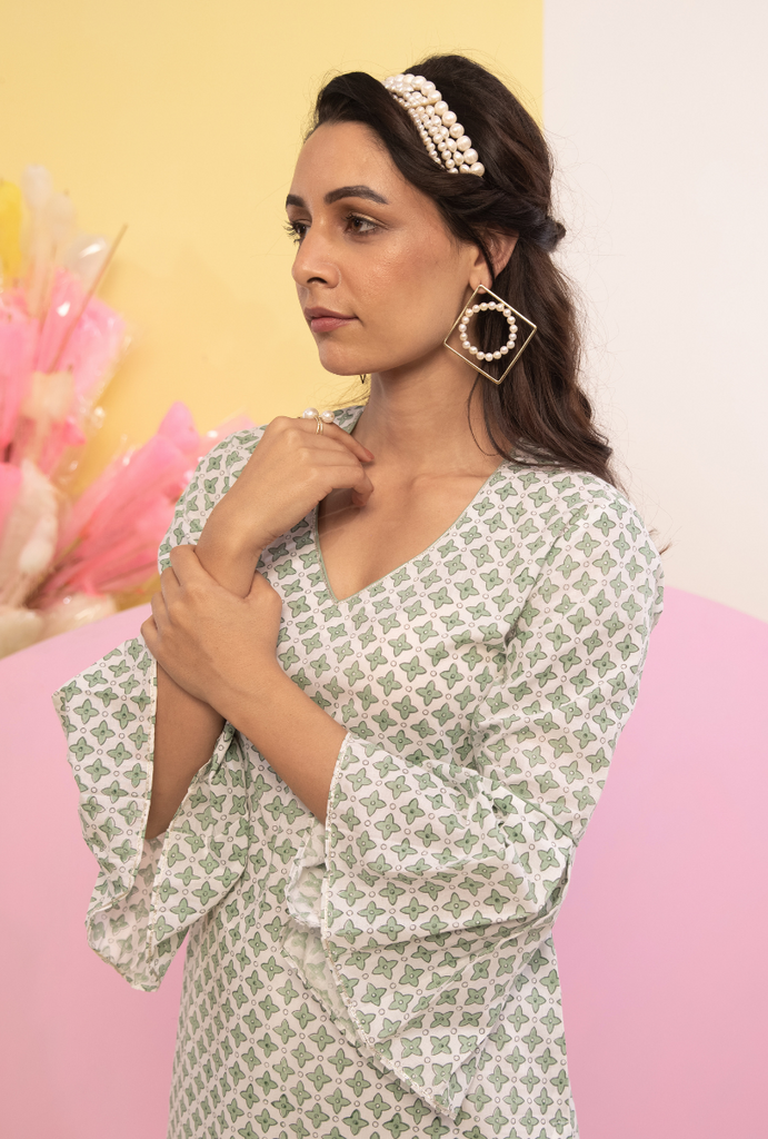 Green Cotton Candy Frill Sleeve Kurta Set
