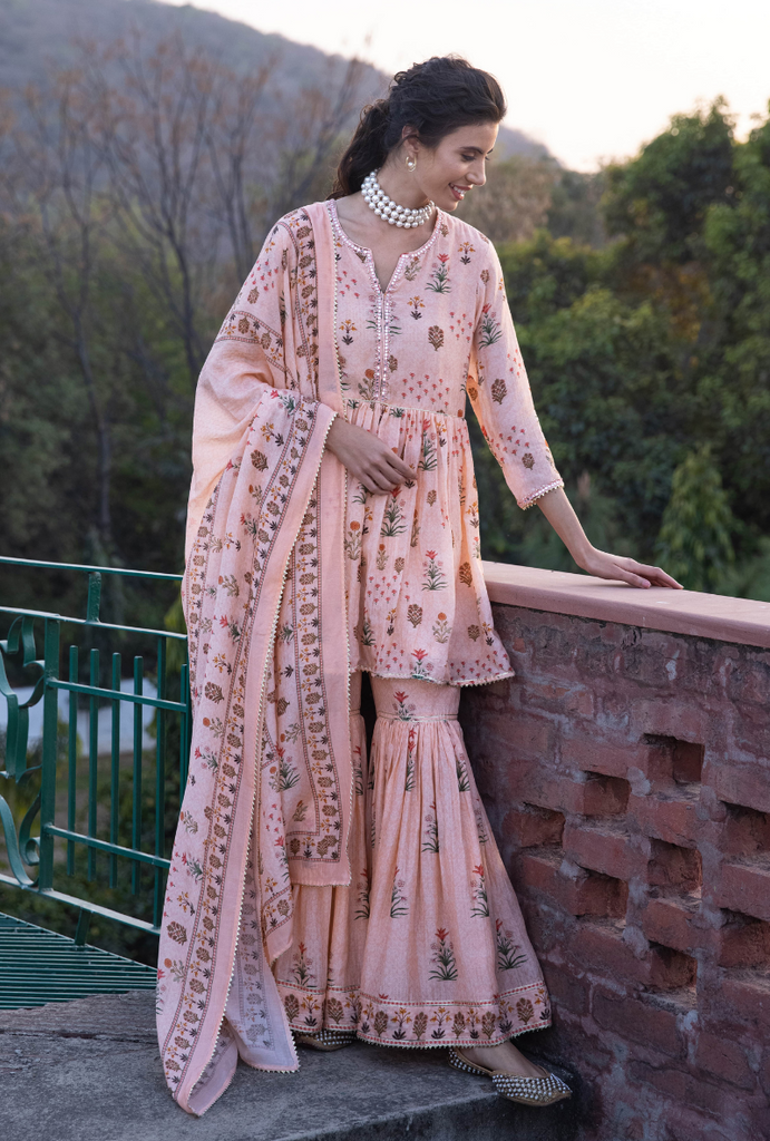 Peach Mirror Work Yoke Malang Gharara Set