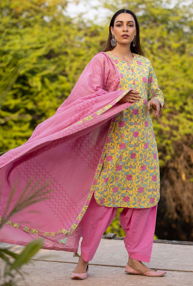 Pink/Yellow Pankhuri Salwar Kurta Set