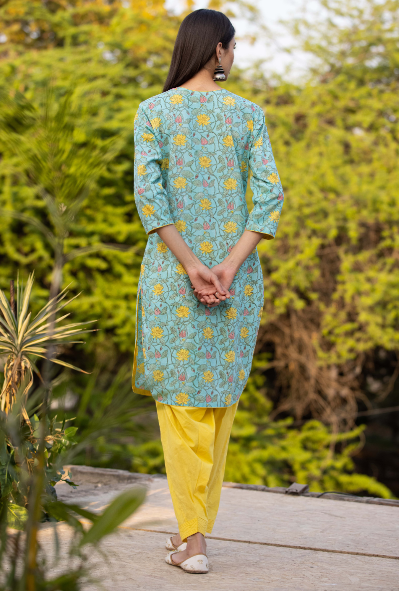 Aqua/Yellow Pankhuri Salwar Kurta Set