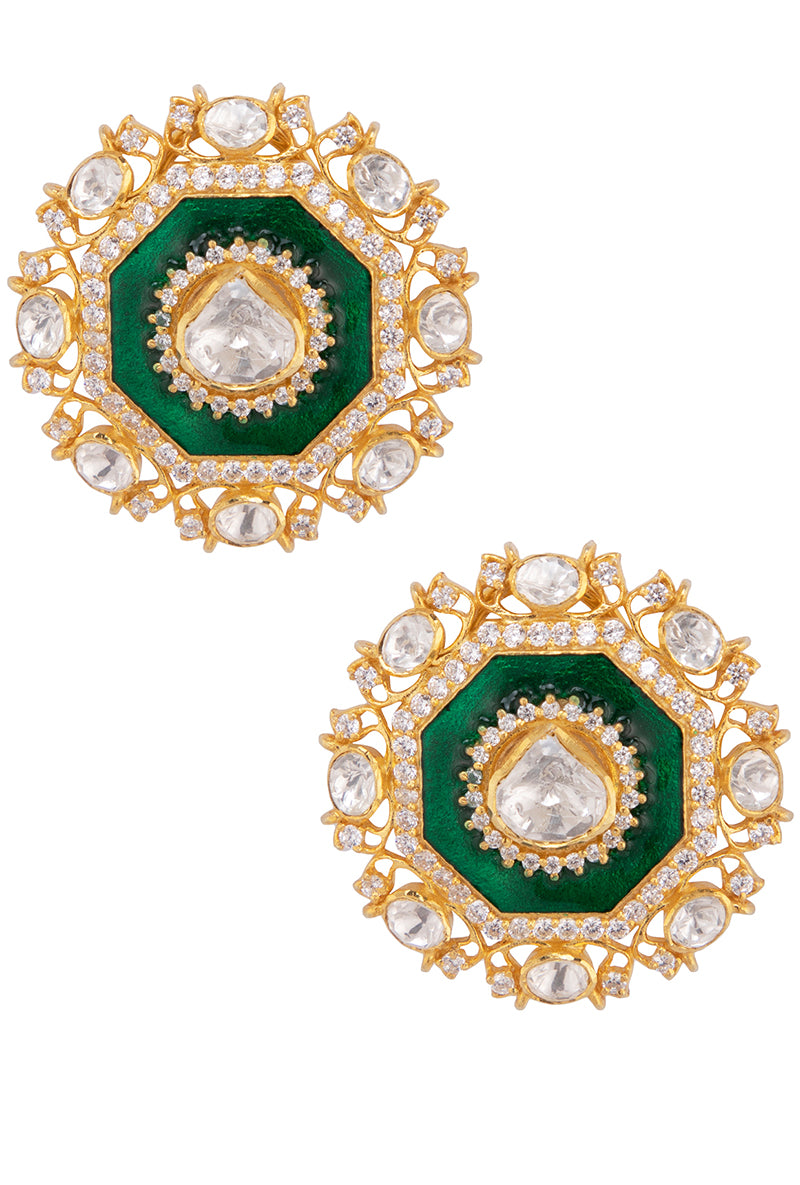 Gold Plated Silver Studs With Uncut Polki & Green Enamel Border With Diamonds