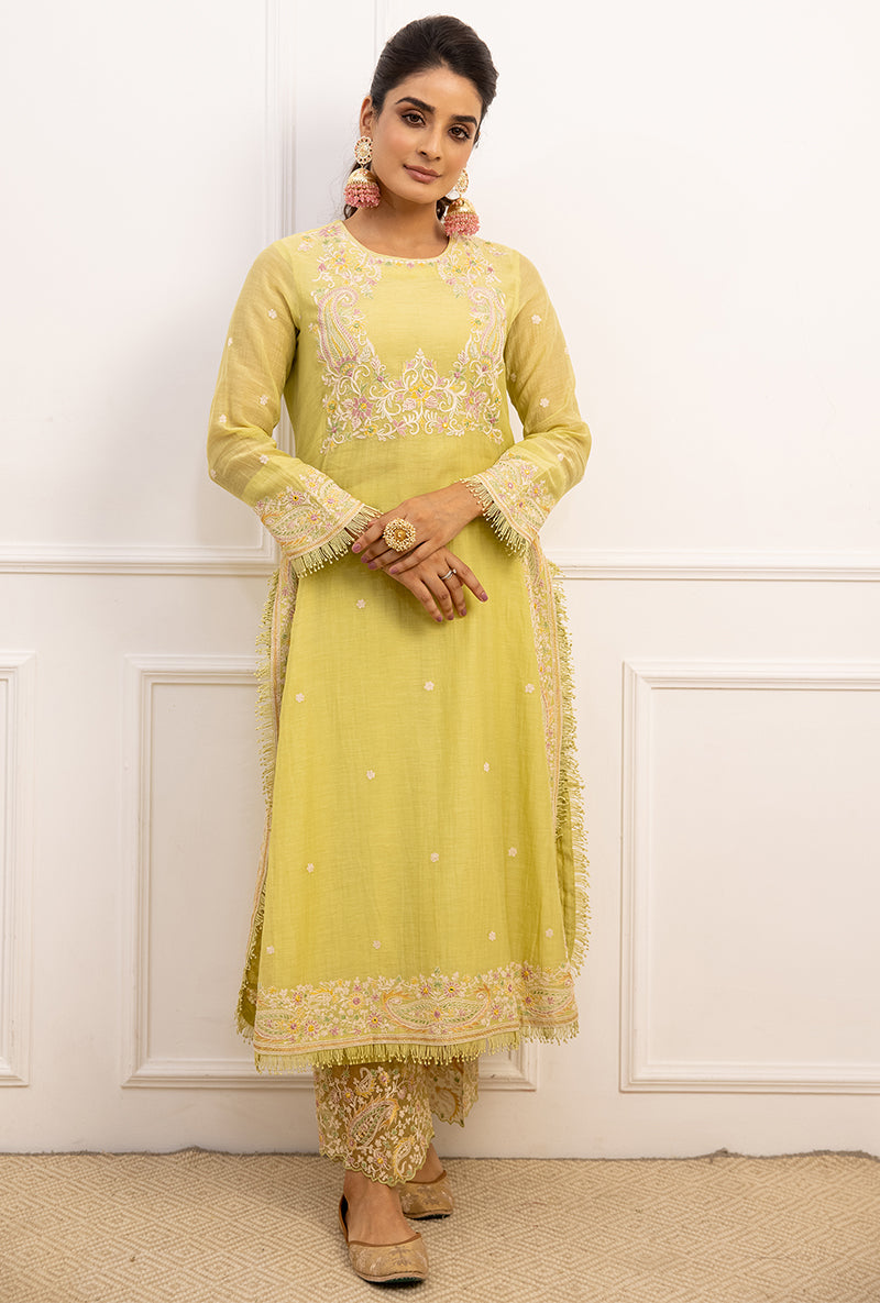 Mint Green Dori Paisley Long Kurta Yoke Aafreen Set