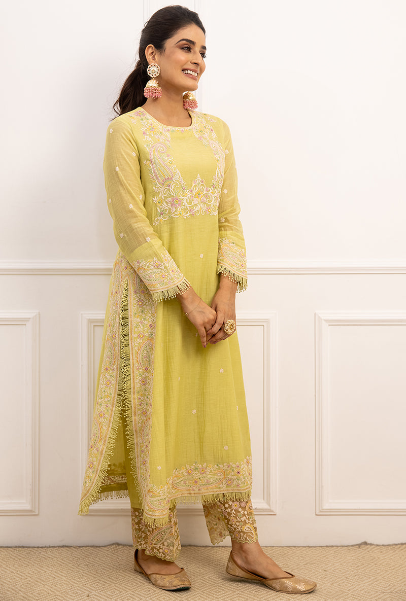 Mint Green Dori Paisley Long Kurta Yoke Aafreen Set