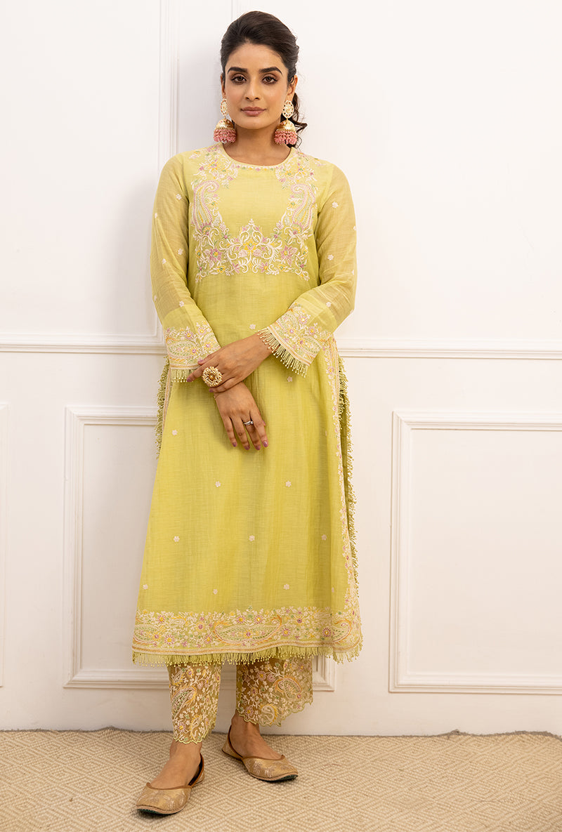 Mint Green Dori Paisley Long Kurta Yoke Aafreen Set