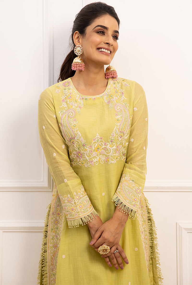 Mint Green Dori Paisley Long Kurta Yoke Aafreen Set