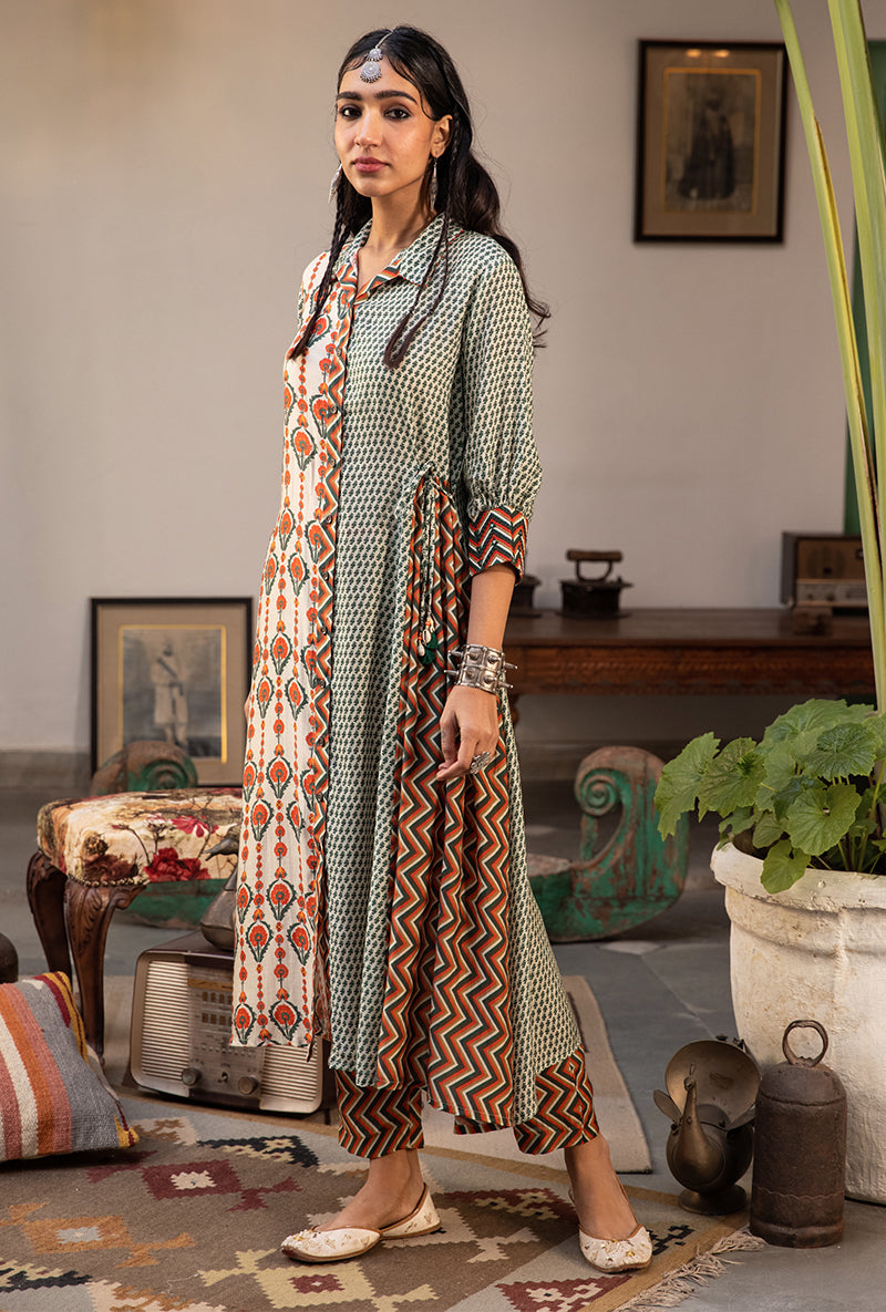 Off White & Green Mughal Print Side Chunat Maahru Kurta Set