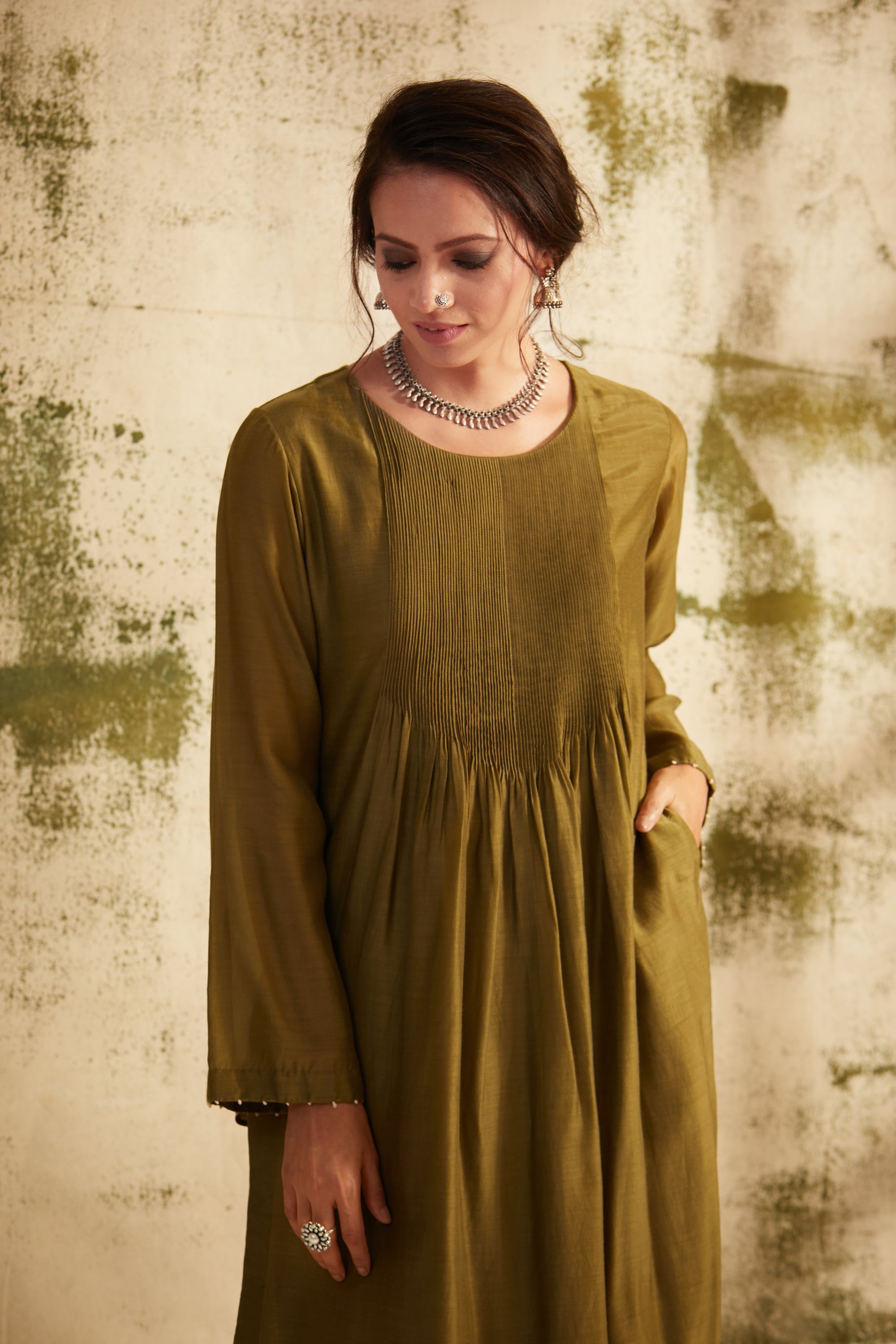Olive Green Pintuck Inaya Kurta Set
