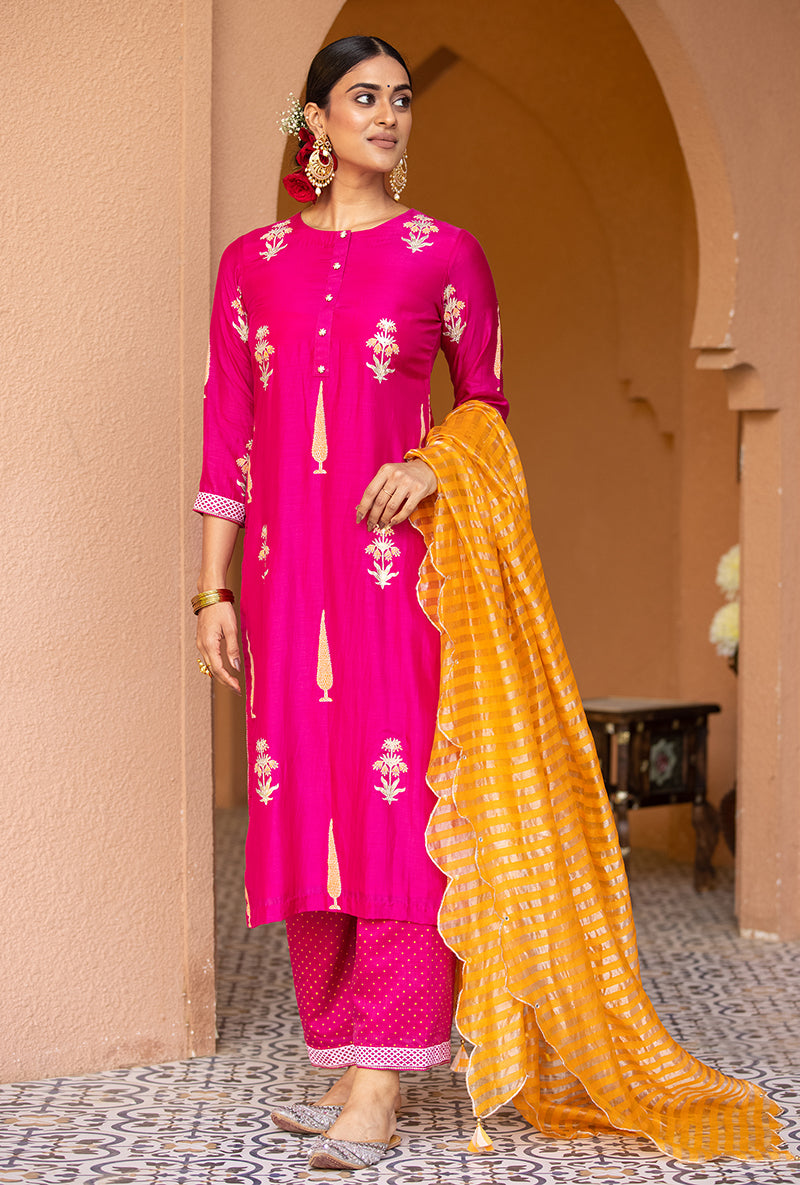 Rani Pink Straight Nayaab Kurta Set
