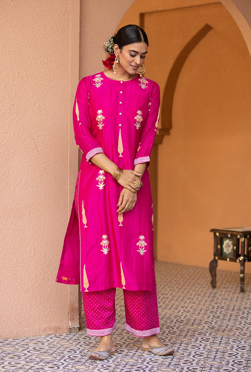 Rani Pink Straight Nayaab Kurta Set
