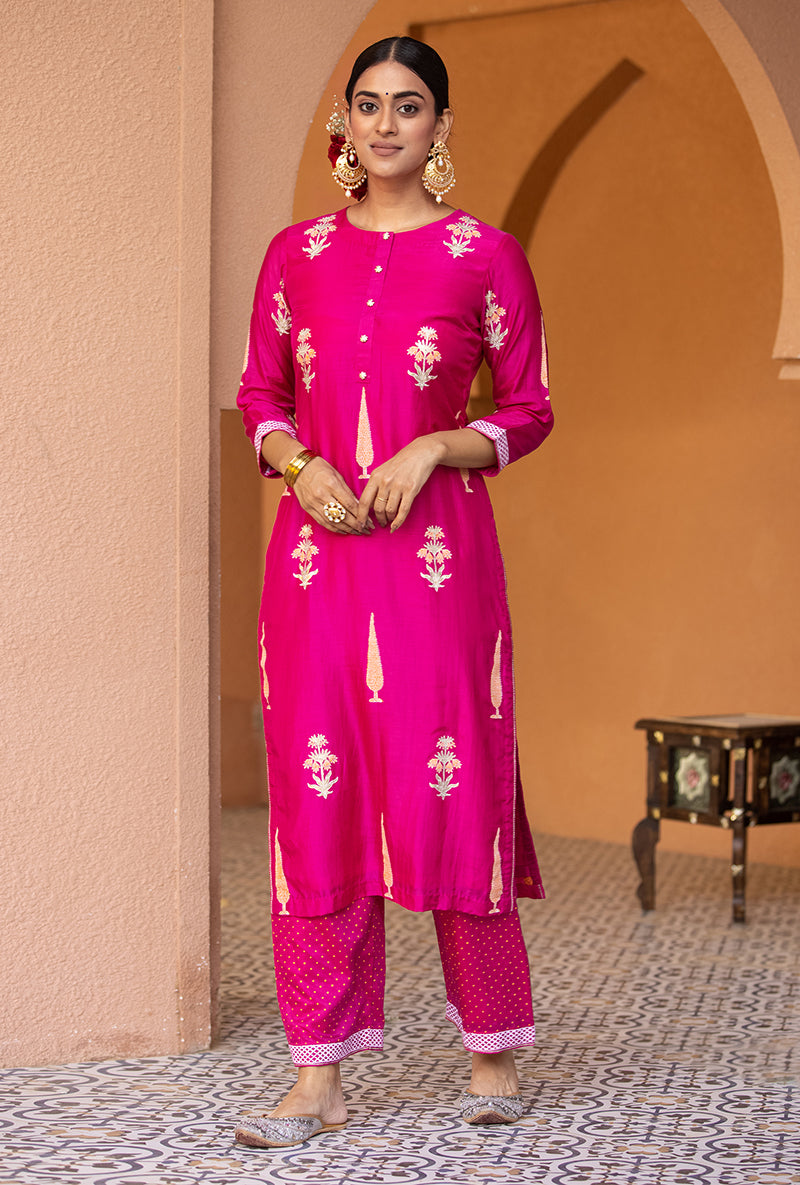 Rani Pink Straight Nayaab Kurta Set