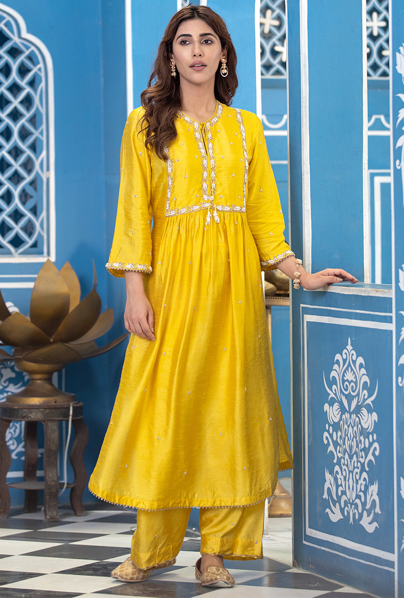 Yellow Front Pleat Ameera Kurta Set