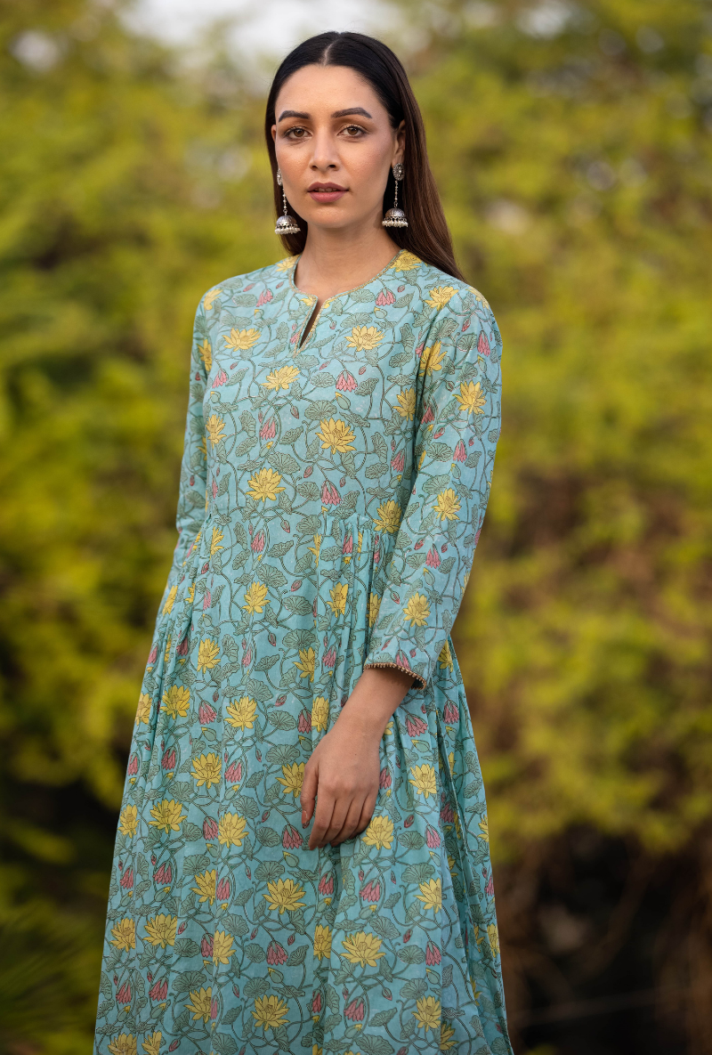 Aqua/Yellow Pankhuri Anarkali Kurta Set