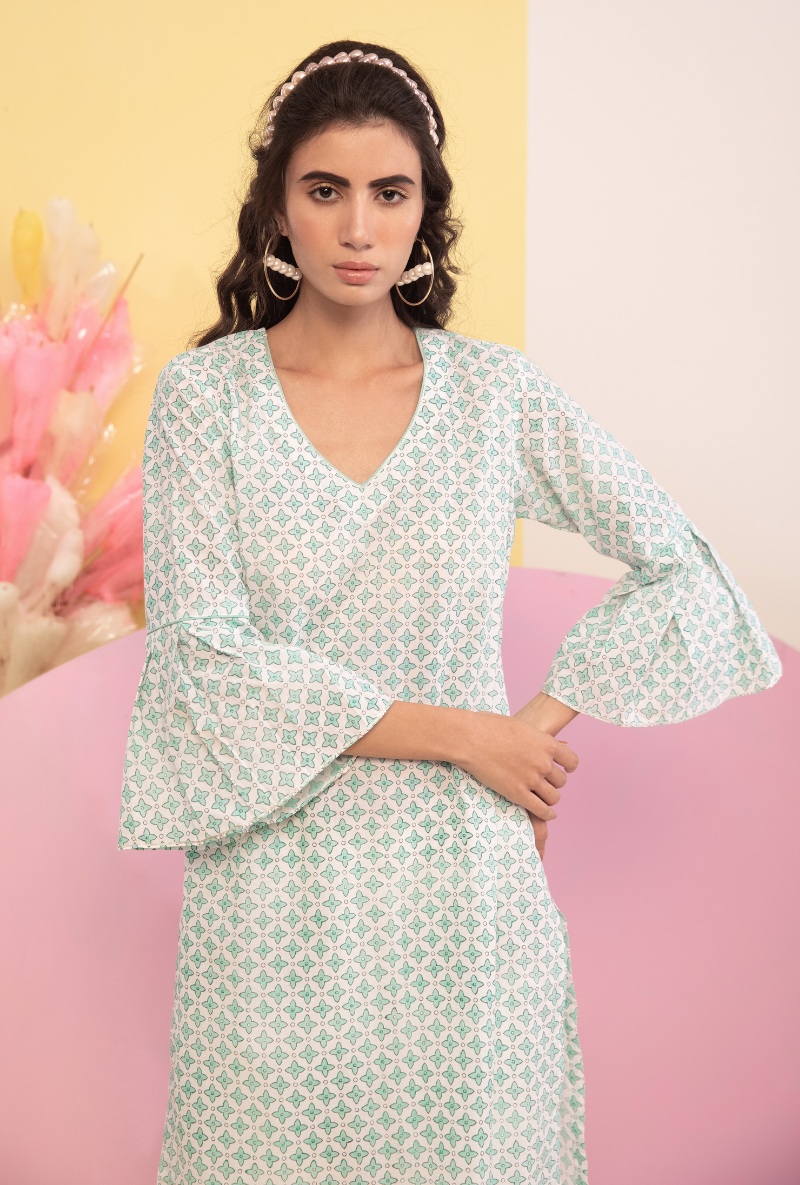 Aqua Cotton Candy Frill Sleeve Kurta Set