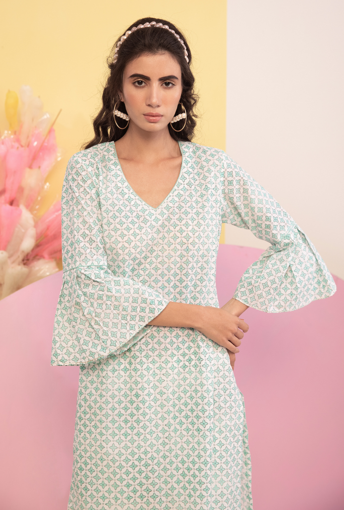 Aqua Cotton Candy Frill Sleeve Kurta Set