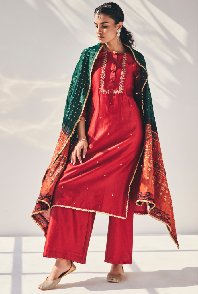 Red Mirror Work Fiza Kurta Set