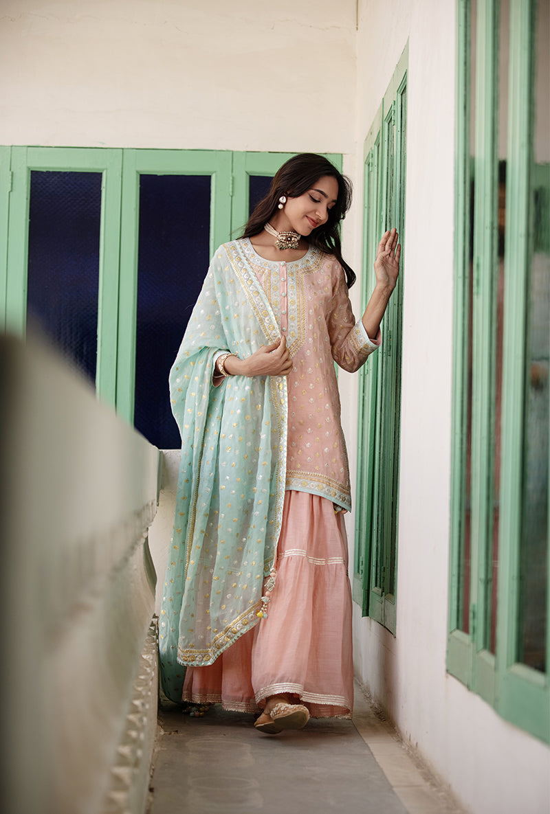 Sharnamli Mehra In Pink And Aqua Zari Mastaani Gharara Set