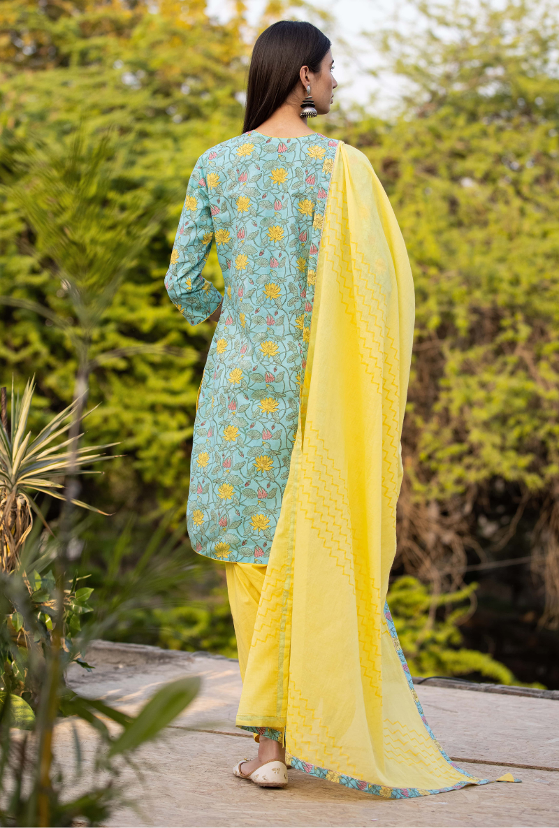 Aqua/Yellow Pankhuri Salwar Kurta Set