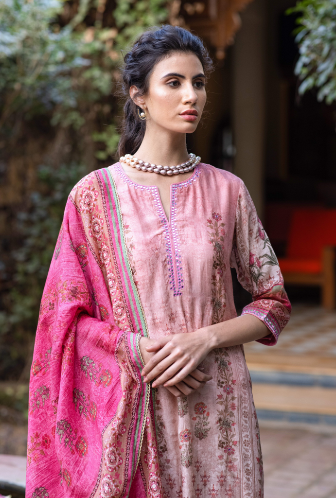 Pink Mirror Work Malang Kurta Set