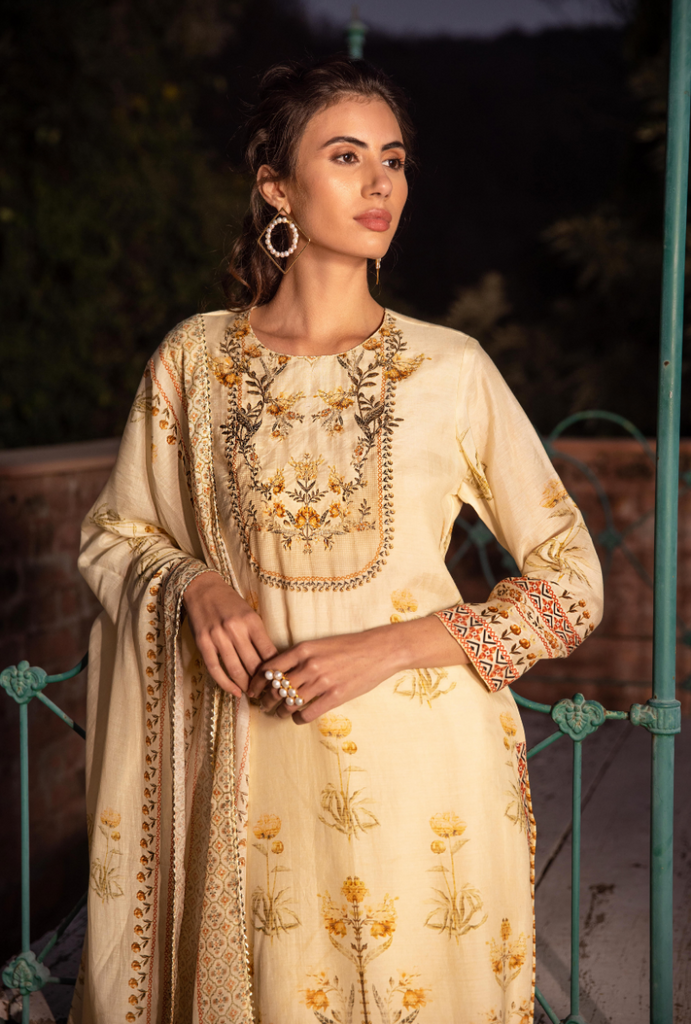 Cream Leaf Yoke Malang Kurta Set