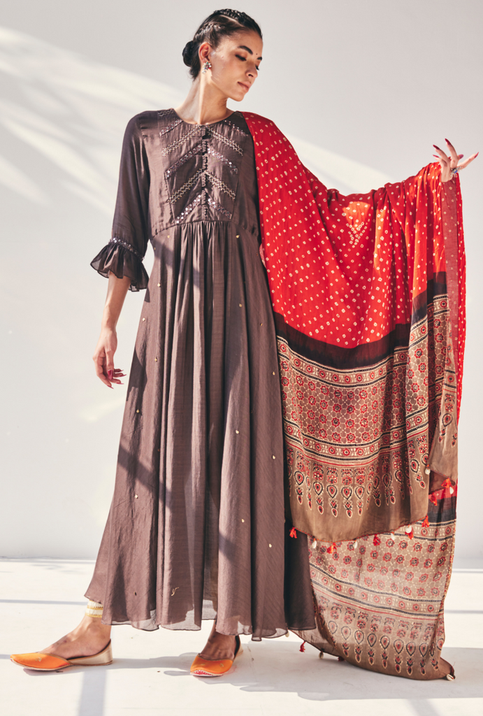 Brown Ajrakh Fiza Kurta Set