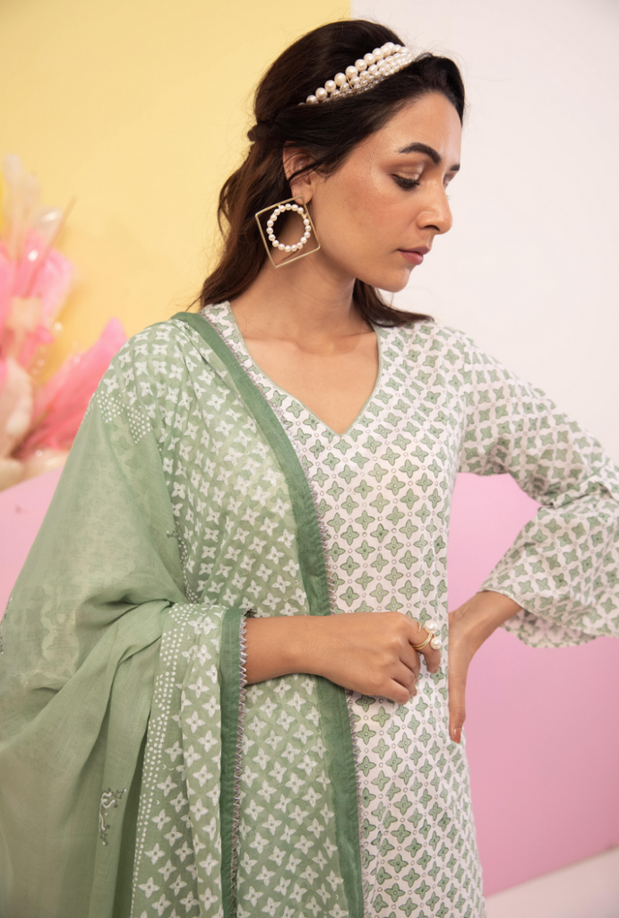 Green Cotton Candy Frill Sleeve Kurta Set