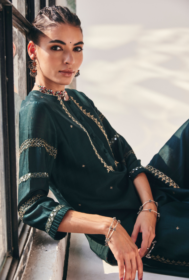 Green Mirror Work Fiza Kurta Set