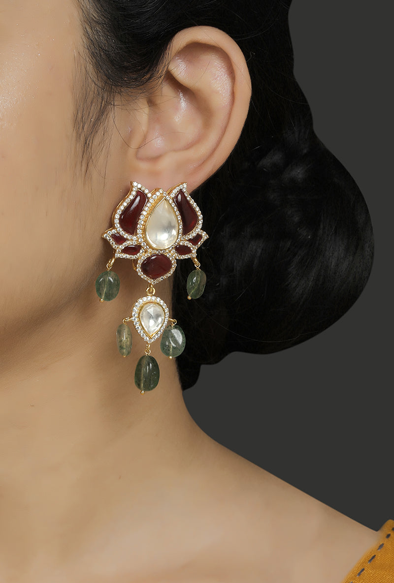 Gold Plated Silver Red Utrai Lotus Petal Earrings With Green Bead Drops