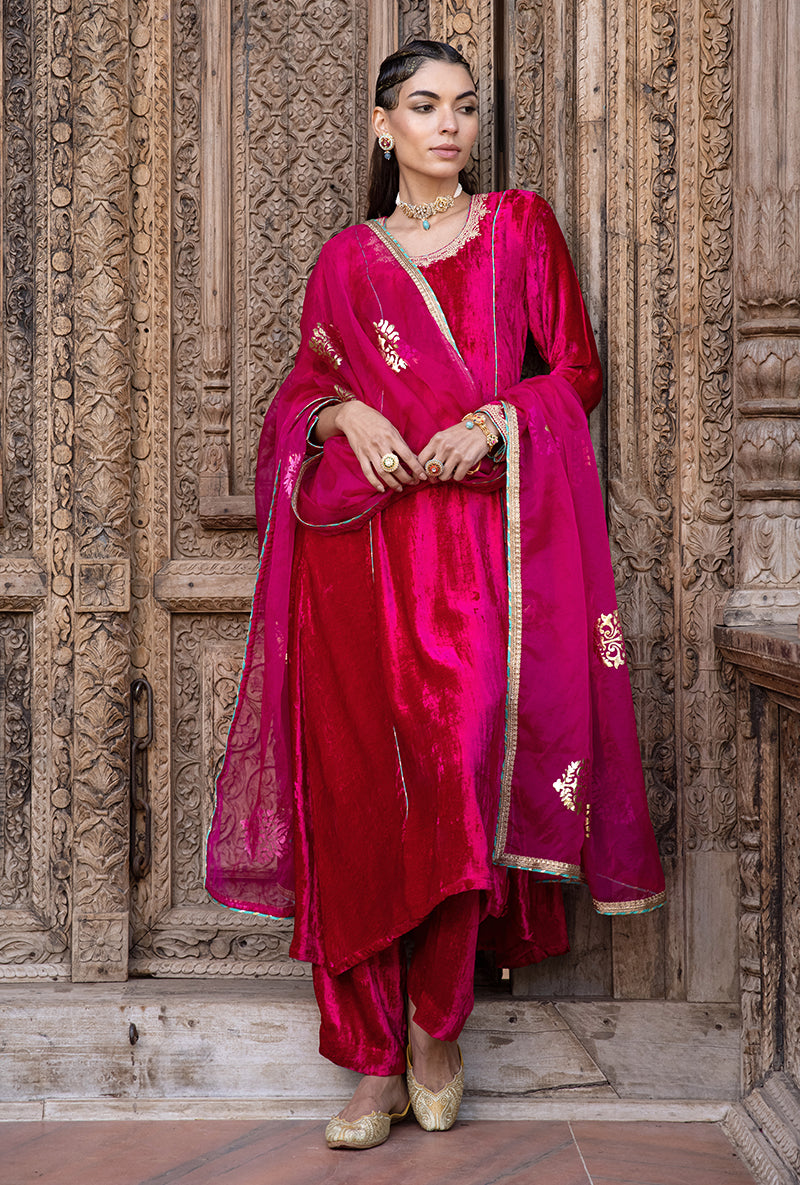 Rani Pink Velvet A-line Foil Falak Kurta Set