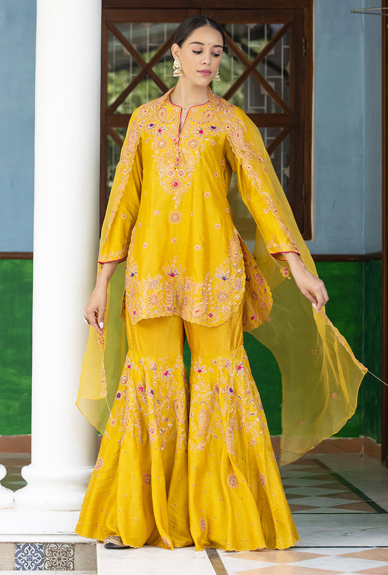 Mustard Kairi Buta Half Jaal Zeenat Gharara Set