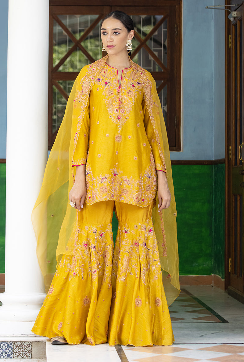 Mustard Kairi Buta Half Jaal Zeenat Gharara Set