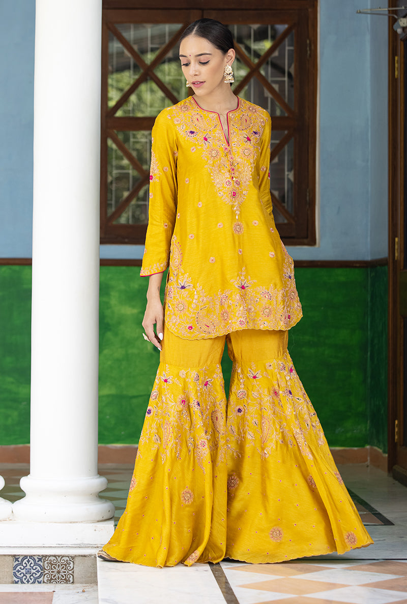 Mustard Kairi Buta Half Jaal Zeenat Gharara Set